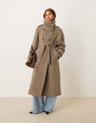 brushed funnel neck trench coat in mushroom-Brown