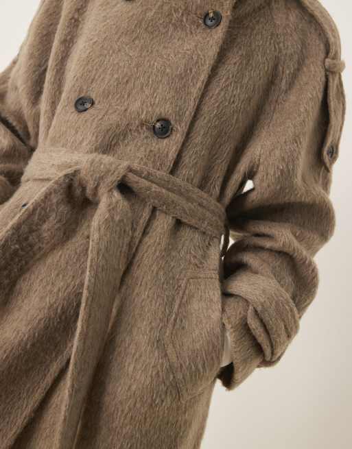 ASOS DESIGN brushed funnel neck trench coat in mushroom