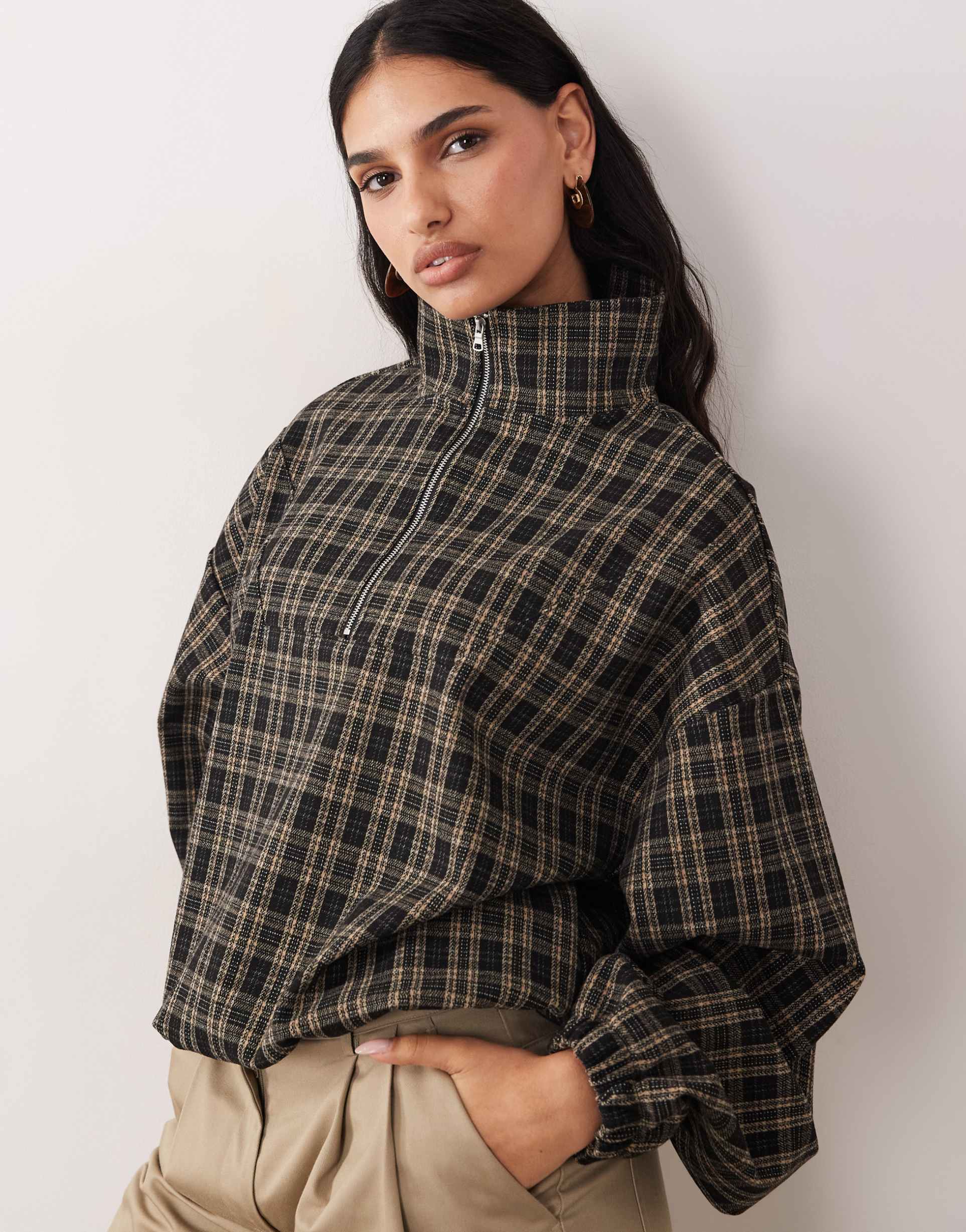 asos design brushed half zip jacket in brown plaid