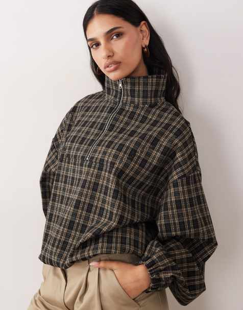 ASOS DESIGN brushed half zip windbreaker jacket in brown check - view 1
