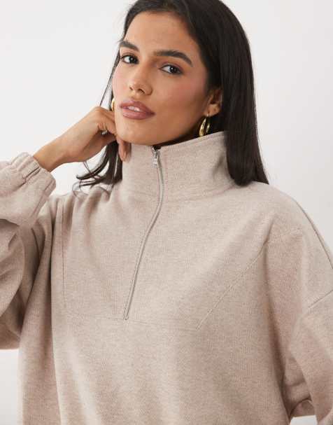 ASOS DESIGN brushed half zip windbreaker jacket in cream herringbone - view 1