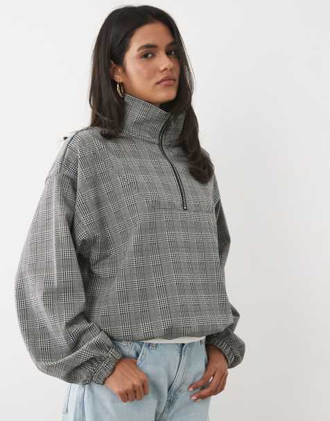 ASOS DESIGN brushed half zip windbreaker jacket in mono check - view 1