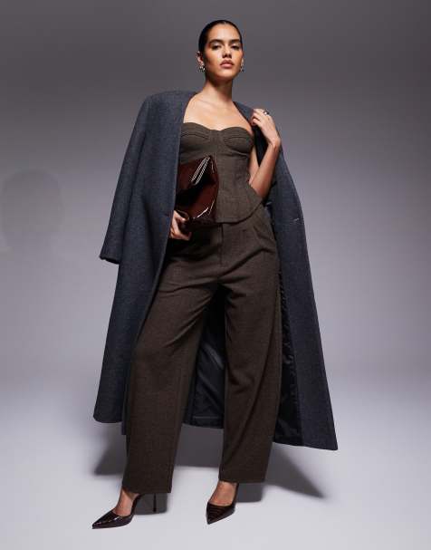 ASOS DESIGN brushed herringbone barrel leg pants in chocolate - part of a set - view 1