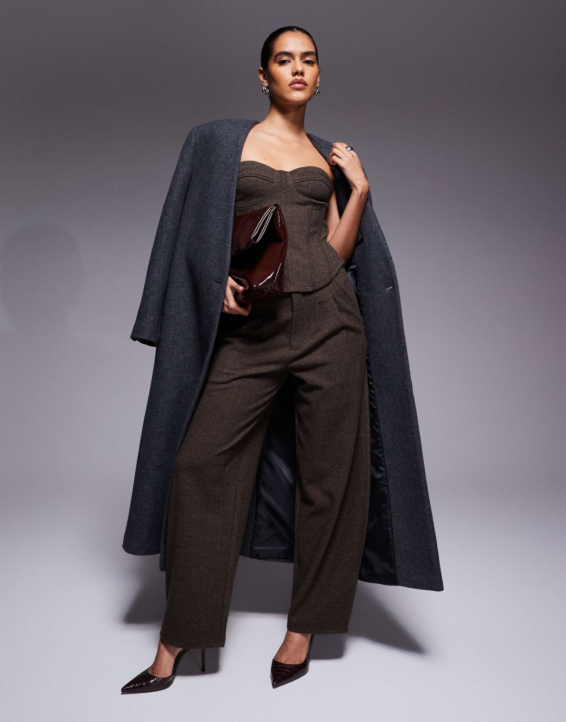 asos design brushed herringbone barrel leg pants in chocolate - part of a set