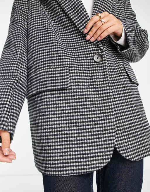 ASOS DESIGN brushed houndstooth grandad wool mix jacket in black & white