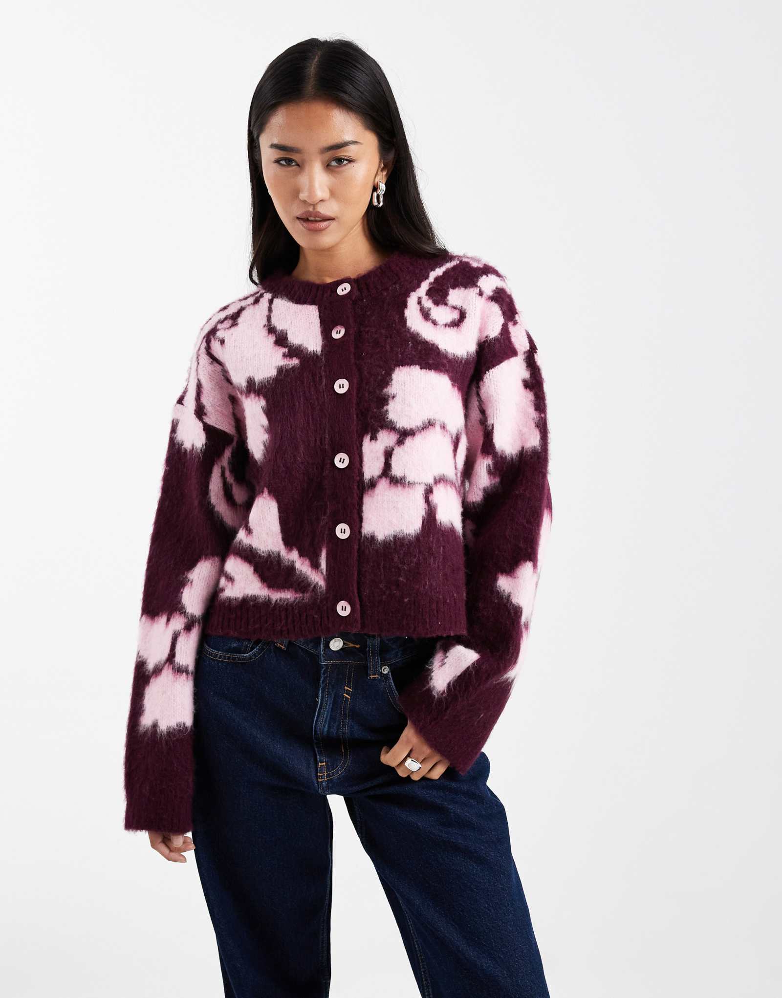 Кардиган из матовой вязки с цветочным рисунком ASOS DESIGN сливового цвета