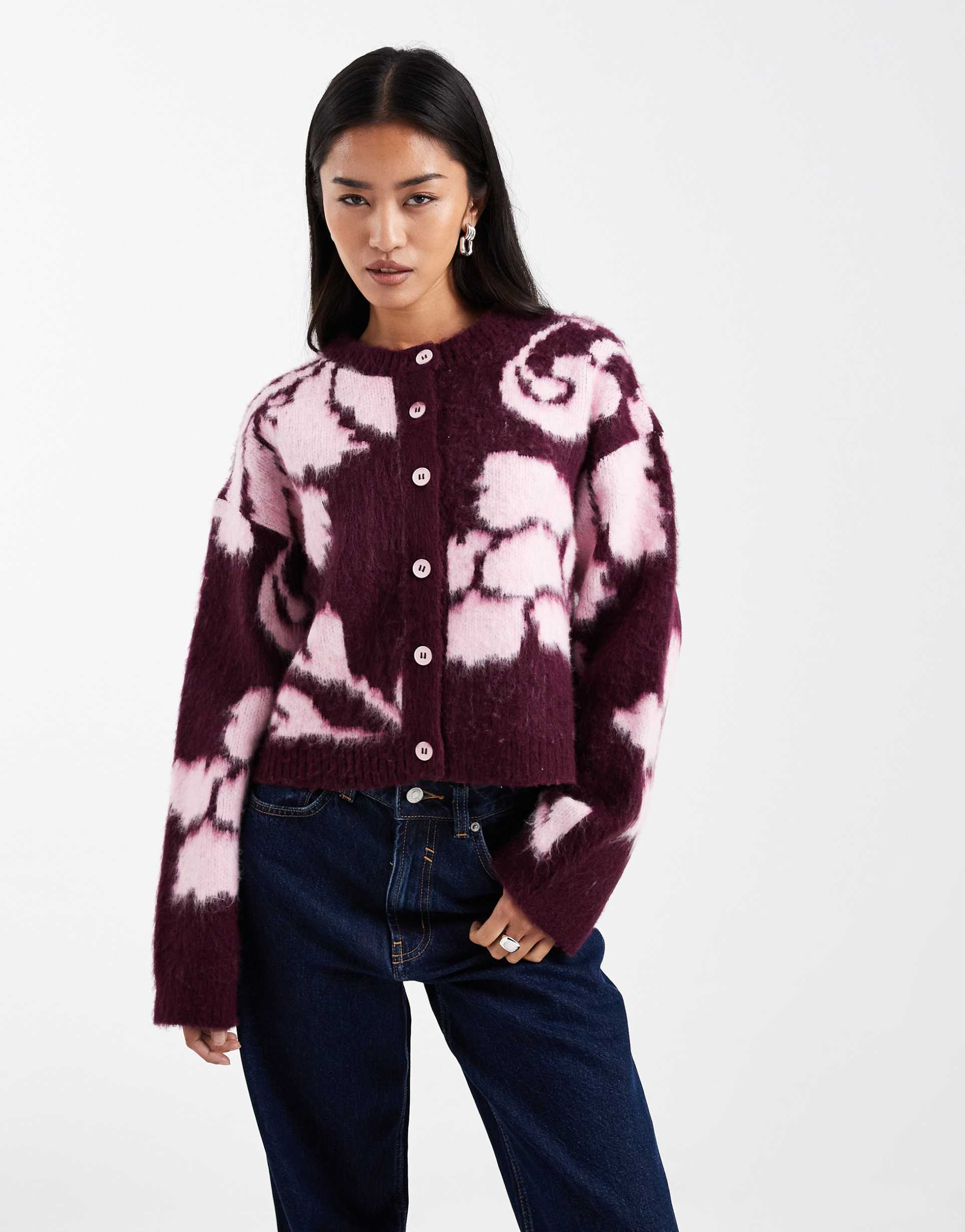 asos design brushed knit floral cardigan in plum