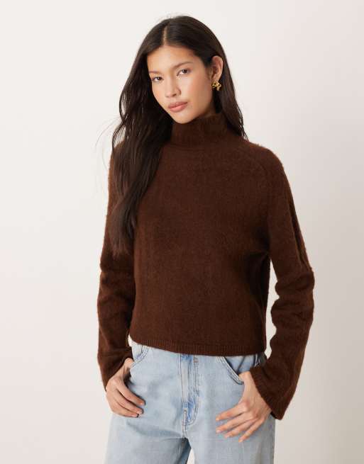 ASOS DESIGN brushed knit funnel neck boxy jumper in chocolate, 4 of 4