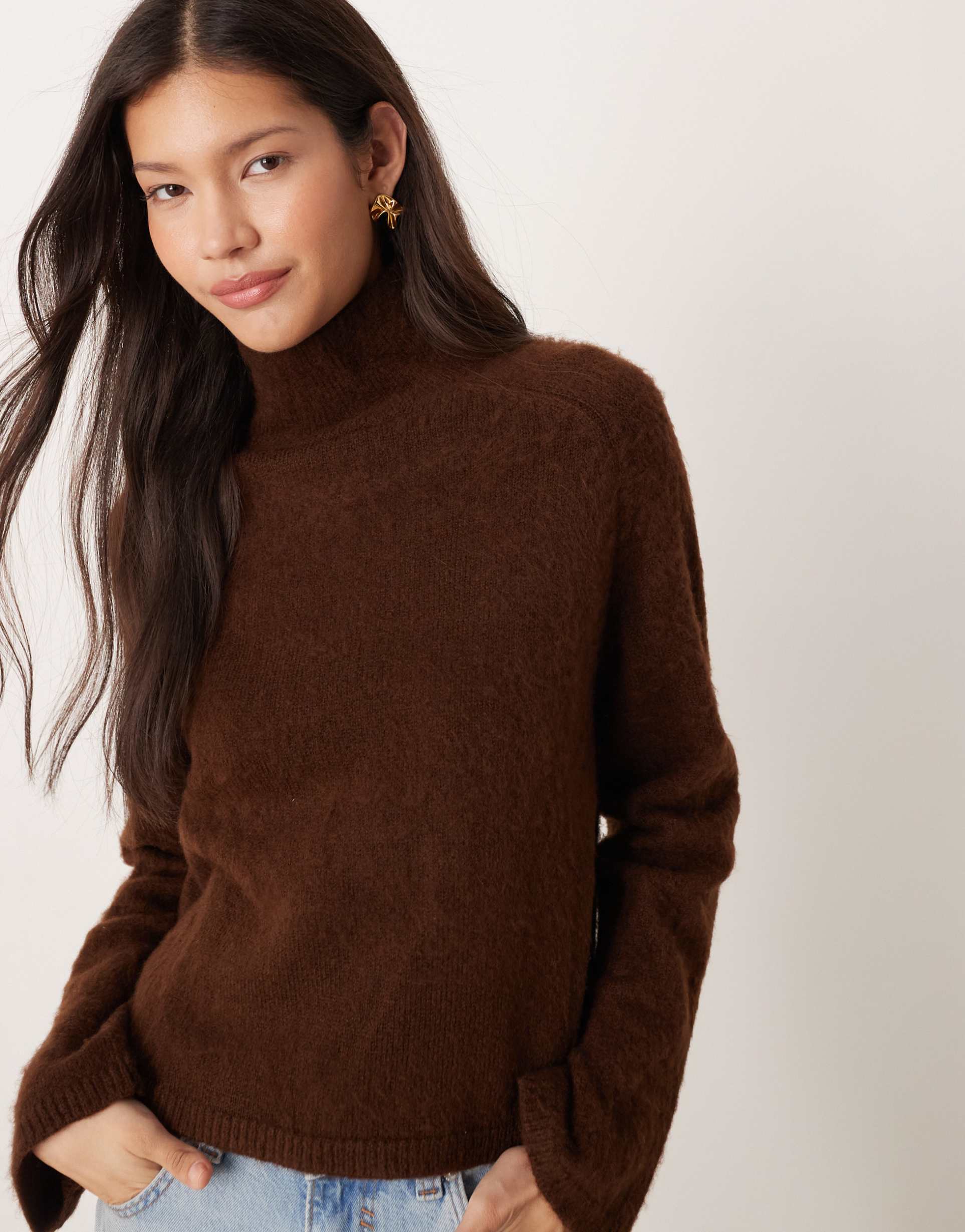 asos design brushed knit funnel neck boxy sweater in chocolate