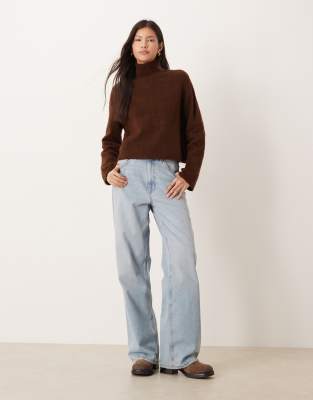 Asos Design Brushed Knit Funnel Neck Boxy Sweater In Brown
