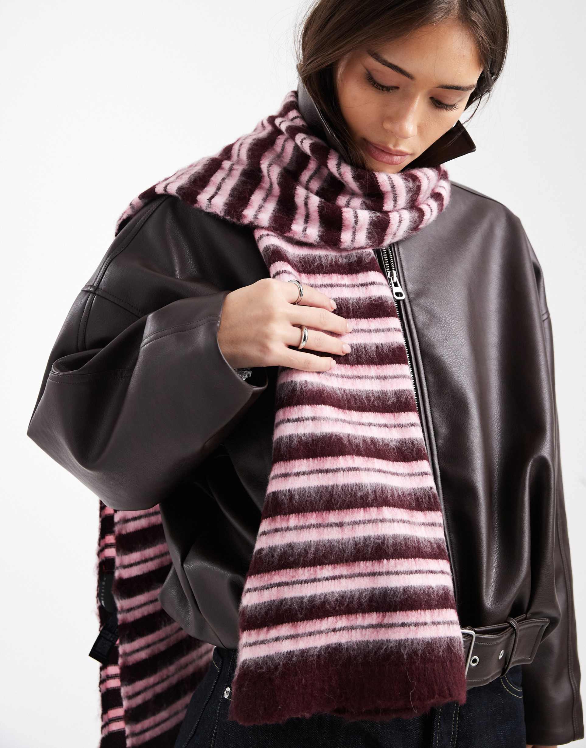 asos design brushed knit scarf in plum stripe