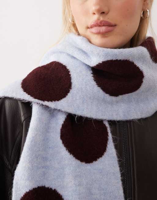ASOS DESIGN brushed knit skinny scarf in burgundy and light blue polka dot, 3 of 3