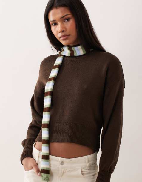 ASOS DESIGN brushed knit skinny scarf in green and brown stripe - view 1