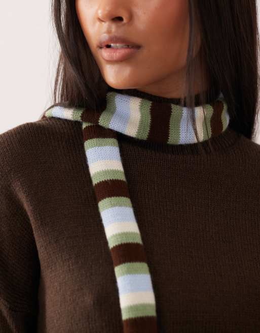 ASOS DESIGN brushed knit skinny scarf in green and brown stripes, 2 of 3