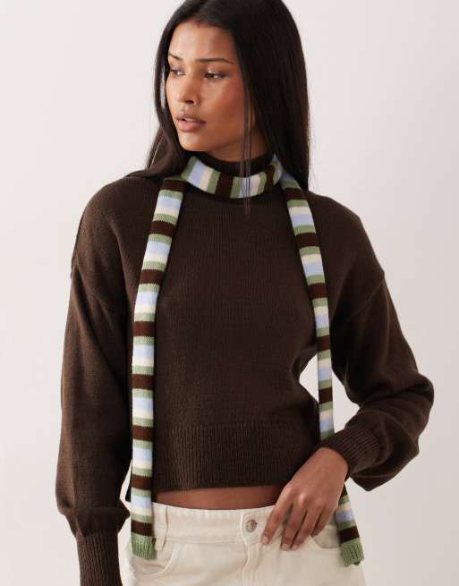 ASOS DESIGN brushed knit skinny scarf in green and brown stripes, 3 of 3
