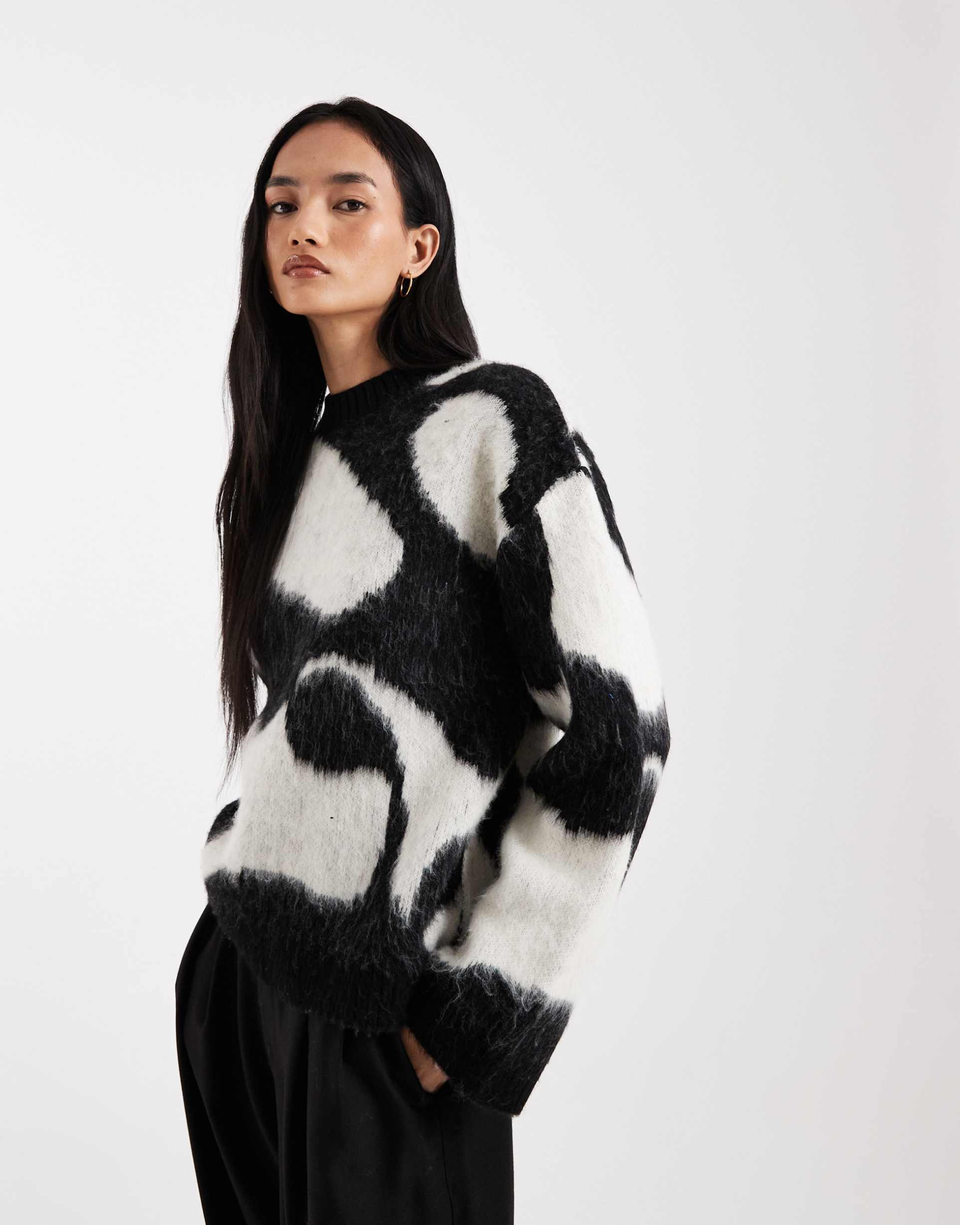 asos design brushed knit sweater in black and white print