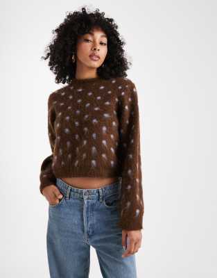ASOS DESIGN brushed knit sweater in chocolate and blue polka dot-Brown
