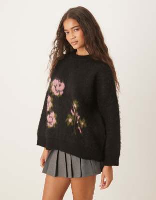 Asos Design Brushed Knit Sweater With Floral Pattern-black