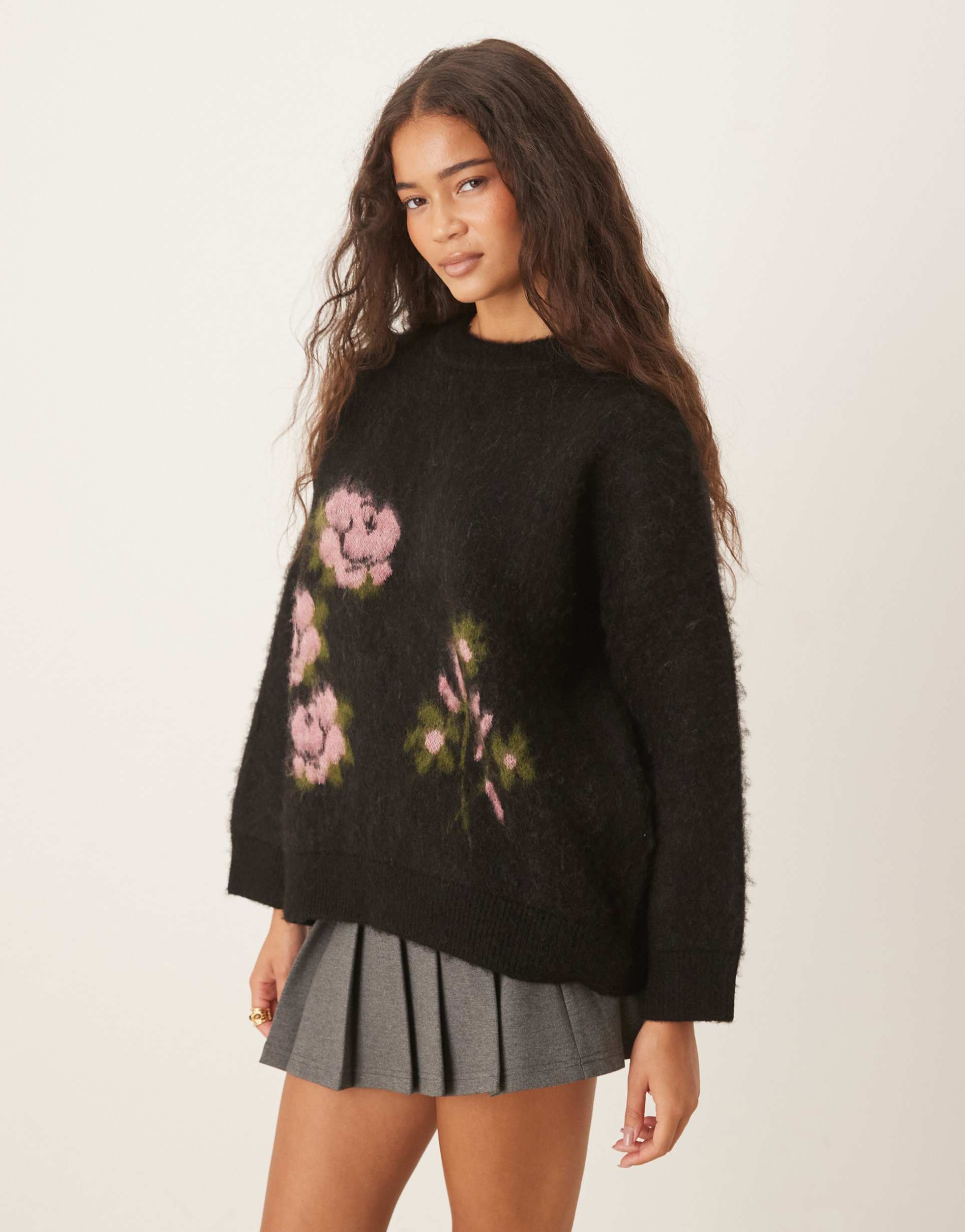 asos design brushed knit sweater with floral pattern