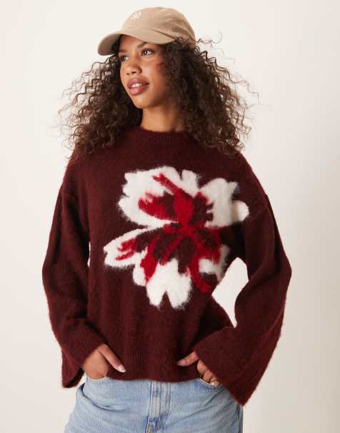 ASOS DESIGN brushed knit sweater with flower design in burgundy - view 1