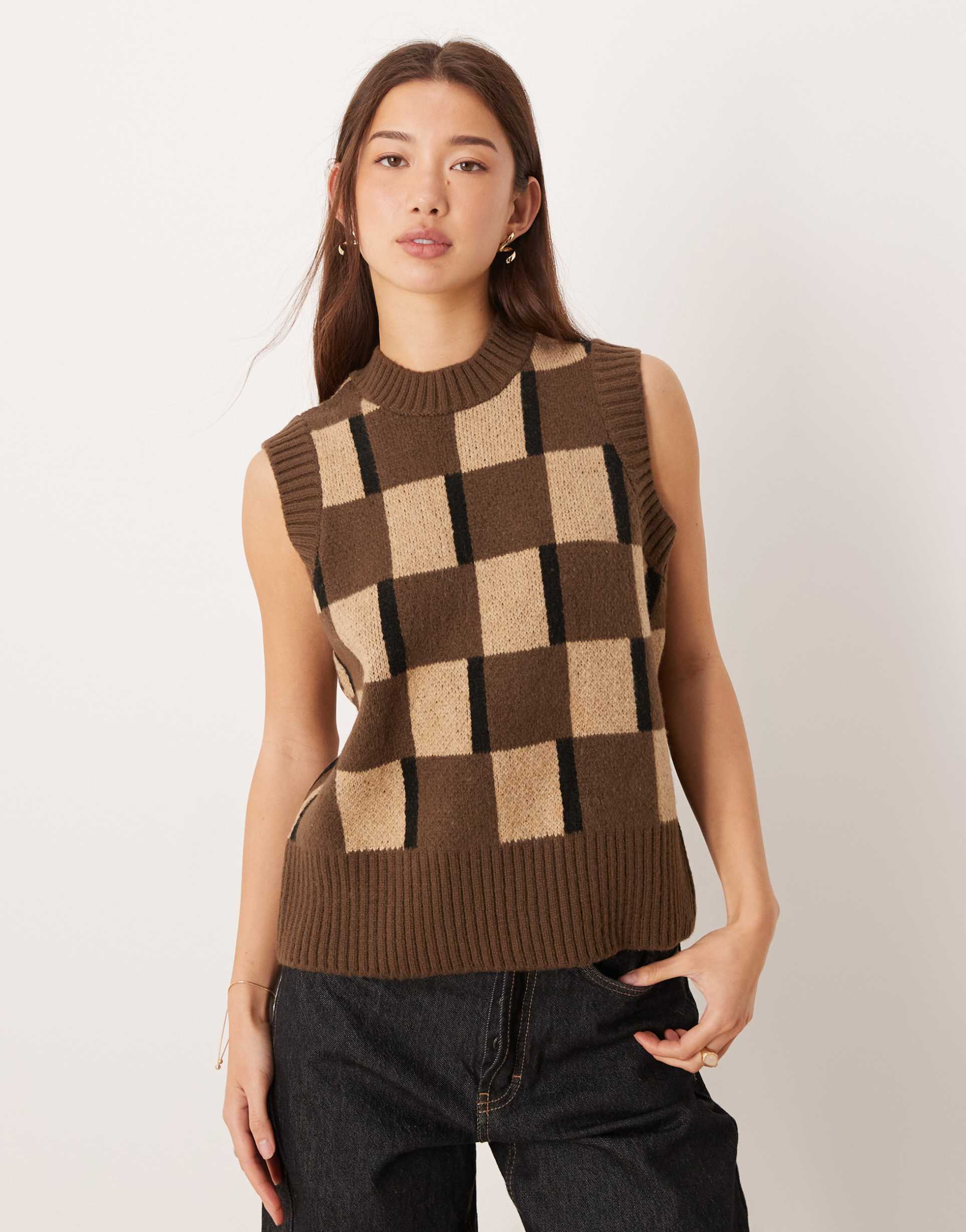 asos design brushed knit tank top in chocolate brown checkerboard