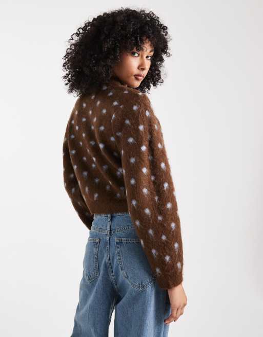 ASOS DESIGN brushed knitted jumper in brown and blue polka dot