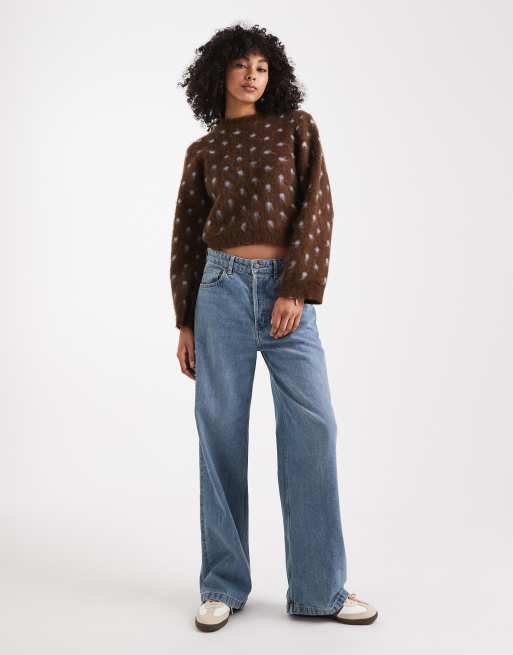 ASOS DESIGN brushed knitted jumper in brown and blue polka dot