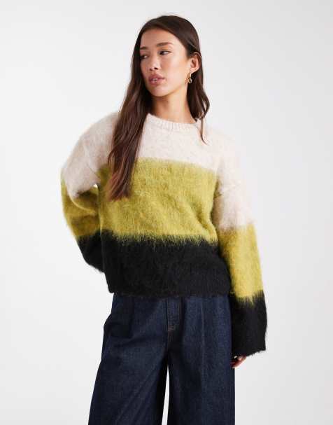 ASOS DESIGN  brushed knitted jumper with wool in olive stripe - view 1