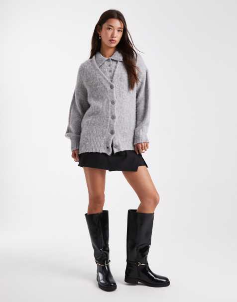 ASOS DESIGN brushed knitted short sleeve polo & boyfriend cardigan co-ord in light grey - view 1