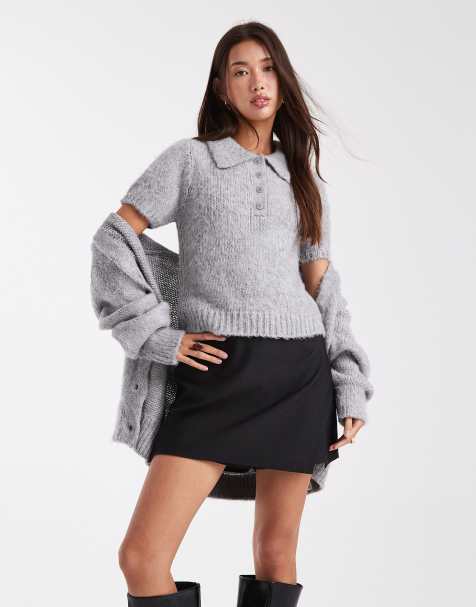 ASOS DESIGN brushed knitted short sleeve polo co-ord in light grey - view 1