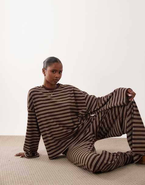 ASOS DESIGN brushed long sleeve tee & pants lounge pajama set in chocolate stripes - view 1
