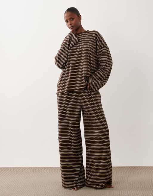 ASOS DESIGN brushed long sleeve tee & pants lounge pajama set in chocolate stripes, 2 of 4