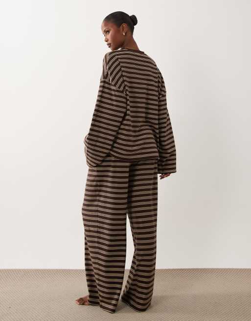 ASOS DESIGN brushed long sleeve tee & pants lounge pajama set in chocolate stripes, 4 of 4