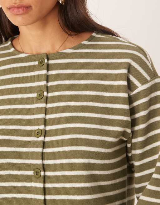 ASOS DESIGN brushed long sleeve top in olive green stripe, 3 of 4