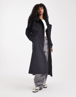 Asos Design Brushed Longline Funnel Neck Trench Coat In Black