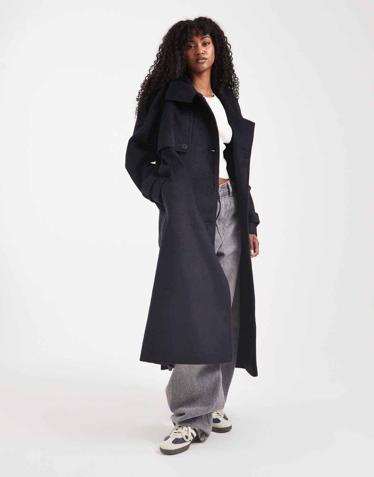 ASOS DESIGN brushed longline funnel neck trench coat in navy