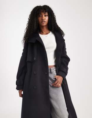 Asos Design Brushed Longline Funnel Neck Trench Coat In Black