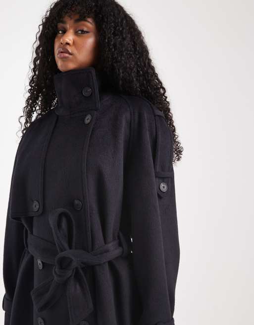 ASOS DESIGN brushed longline funnel neck trench coat in navy