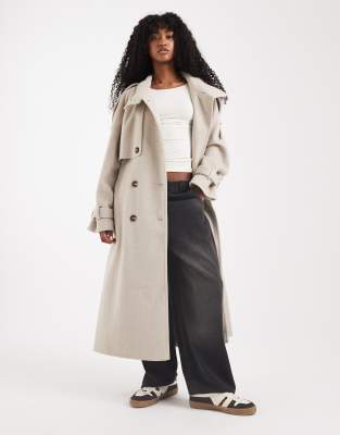 Asos Design Brushed Longline Funnel Neck Trench Coat In Neutral
