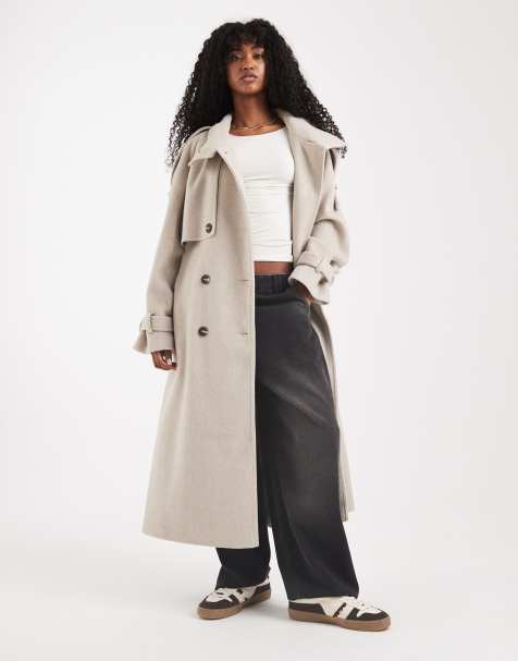 ASOS DESIGN brushed longline funnel neck trench coat in oatmeal melange - view 1