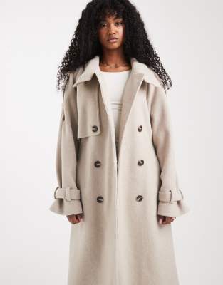 Asos Design Brushed Longline Funnel Neck Trench Coat In Neutral