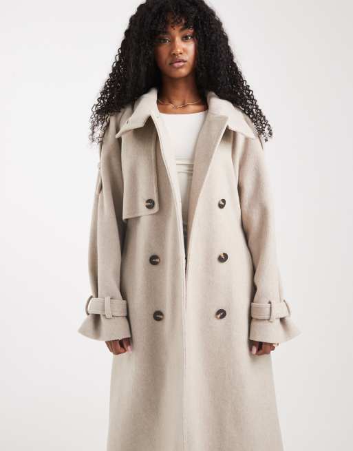 ASOS DESIGN brushed longline funnel neck trench coat in oatmeal melange
