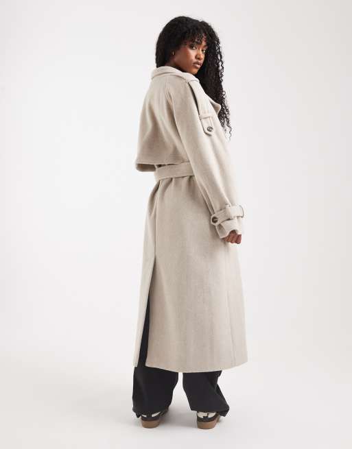ASOS DESIGN brushed longline funnel neck trench coat in oatmeal melange