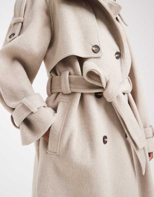 ASOS DESIGN brushed longline funnel neck trench coat in oatmeal melange