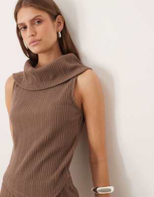 Asos Design Brushed Mixed Ribbed Cowl Neck Top In Brown