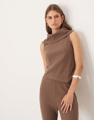 Asos Design Brushed Mixed Ribbed Cowl Neck Top In Brown