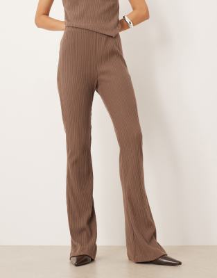 Asos Design Brushed Mixed Ribbed Pants In Brown