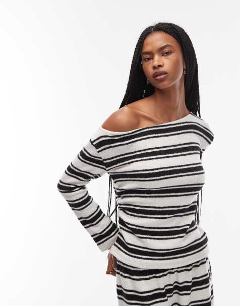 ASOS DESIGN brushed off shoulder long sleeve corset waist t-shirt in stripe - view 1