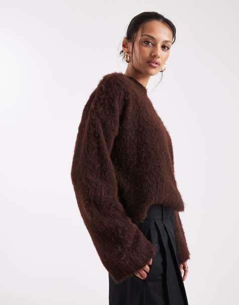 ASOS DESIGN brushed oversized knitted jumper with wool in brown