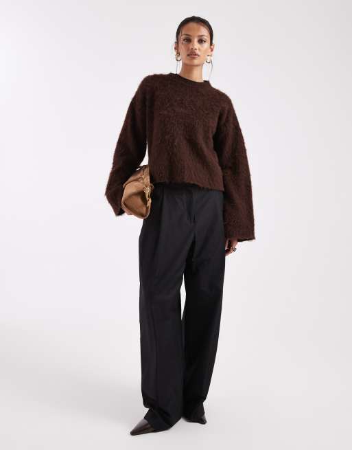 ASOS DESIGN brushed oversized knitted jumper with wool in brown, 2 of 4